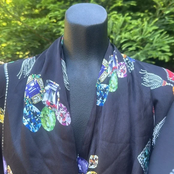 Jewel Printed Silk Waterfall Neckline Long sleeve Top Mob Wife Italian Lux Sz L - Picture 1 of 9